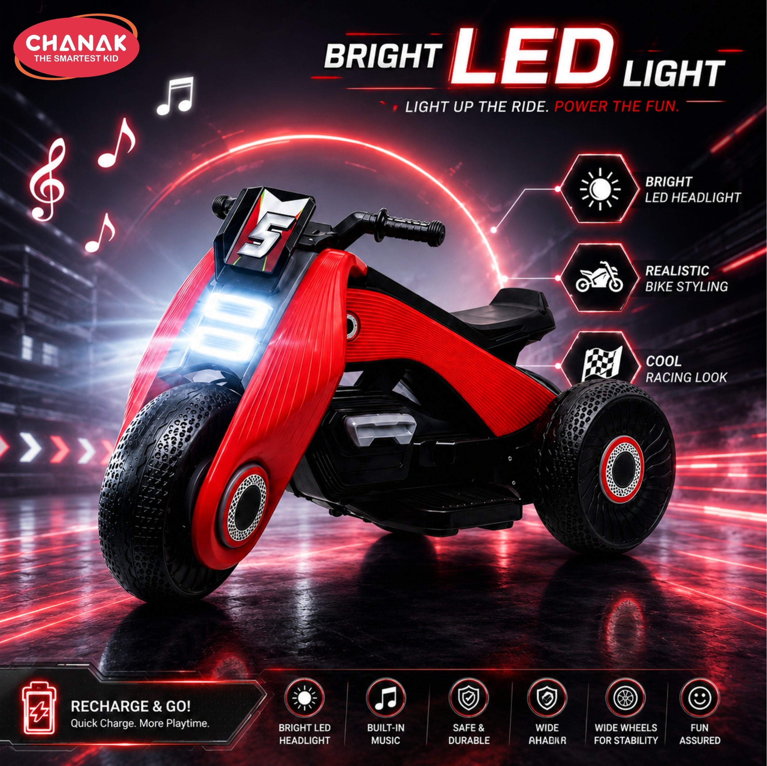 Chanak Electric Ride-On Bike for Kids 3+ Years | 6V Rechargeable 3-Wheel Scooter with Wide Tyres – BIS Approved (Red) – 6 Month Replacement Warranty