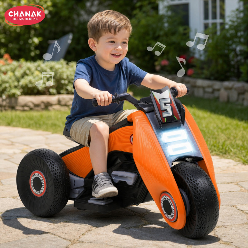 Chanak Electric Ride-On Bike for Kids 3+ Years | 6V Rechargeable 3-Wheel Scooter with Wide Tyres – BIS Approved (Orange)