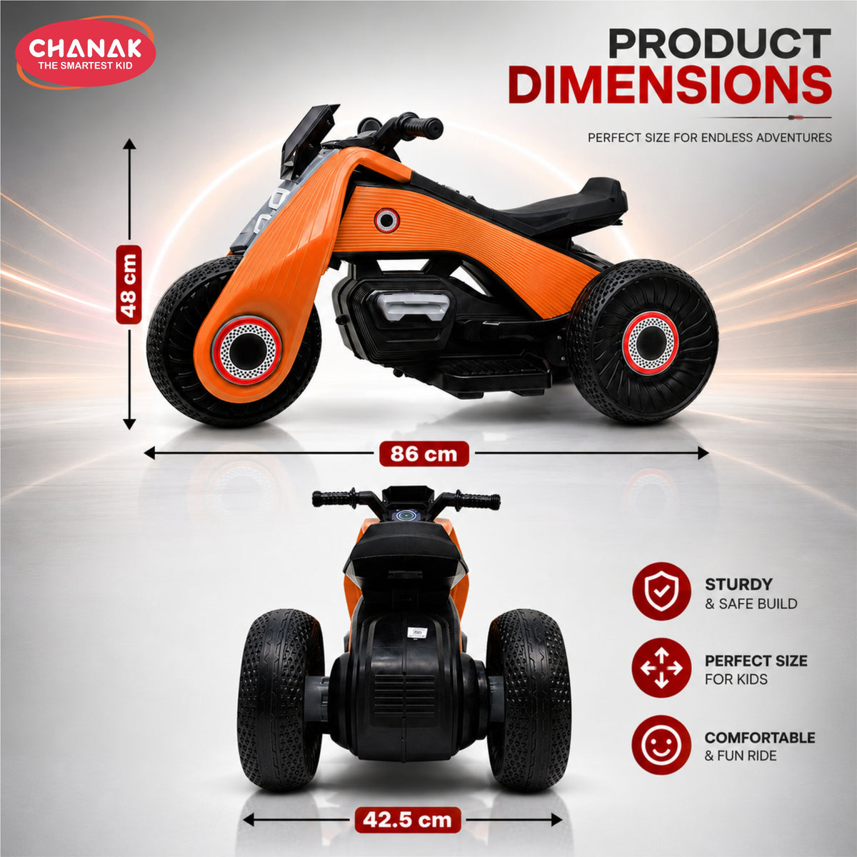 Chanak Electric Ride-On Bike for Kids 3+ Years | 6V Rechargeable 3-Wheel Scooter with Wide Tyres – BIS Approved (Orange)