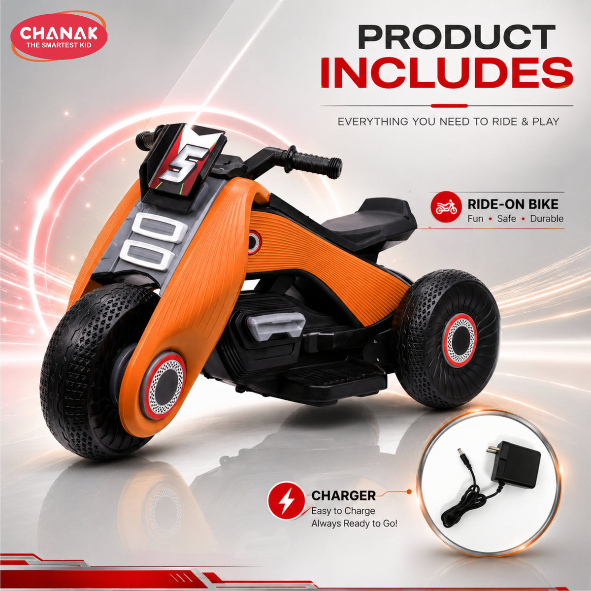 Chanak Electric Ride-On Bike for Kids 3+ Years | 6V Rechargeable 3-Wheel Scooter with Wide Tyres – BIS Approved (Orange)