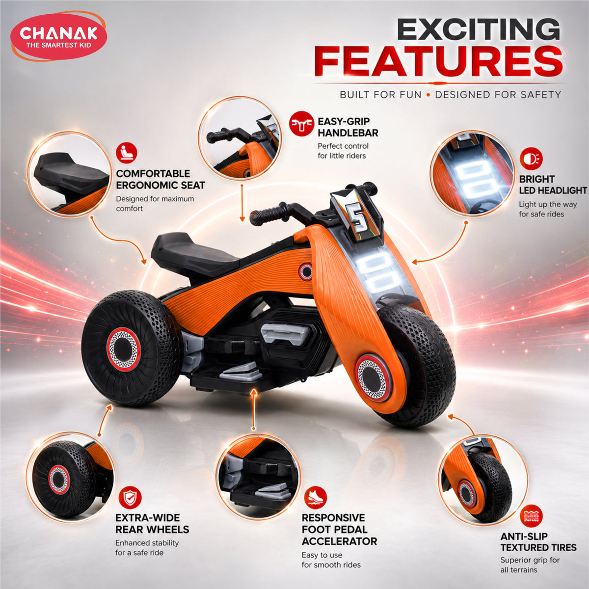 Chanak Electric Ride-On Bike for Kids 3+ Years | 6V Rechargeable 3-Wheel Scooter with Wide Tyres – BIS Approved (Orange)