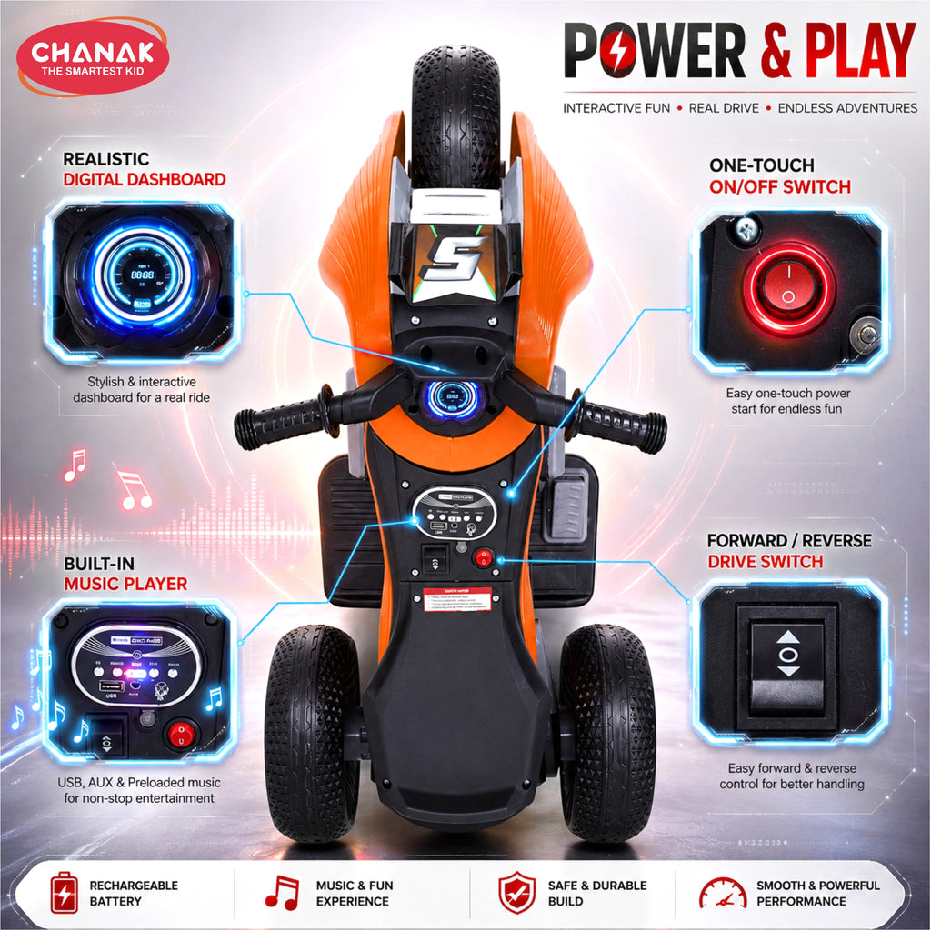Chanak Electric Ride-On Bike for Kids 3+ Years | 6V Rechargeable 3-Wheel Scooter with Wide Tyres – BIS Approved (Orange)