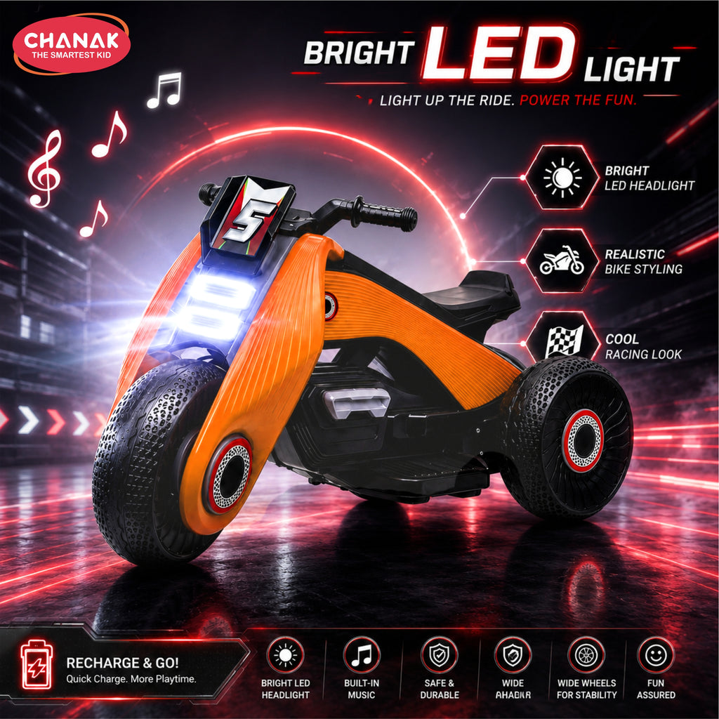 Chanak Electric Ride-On Bike for Kids 3+ Years | 6V Rechargeable 3-Wheel Scooter with Wide Tyres – BIS Approved (Orange)