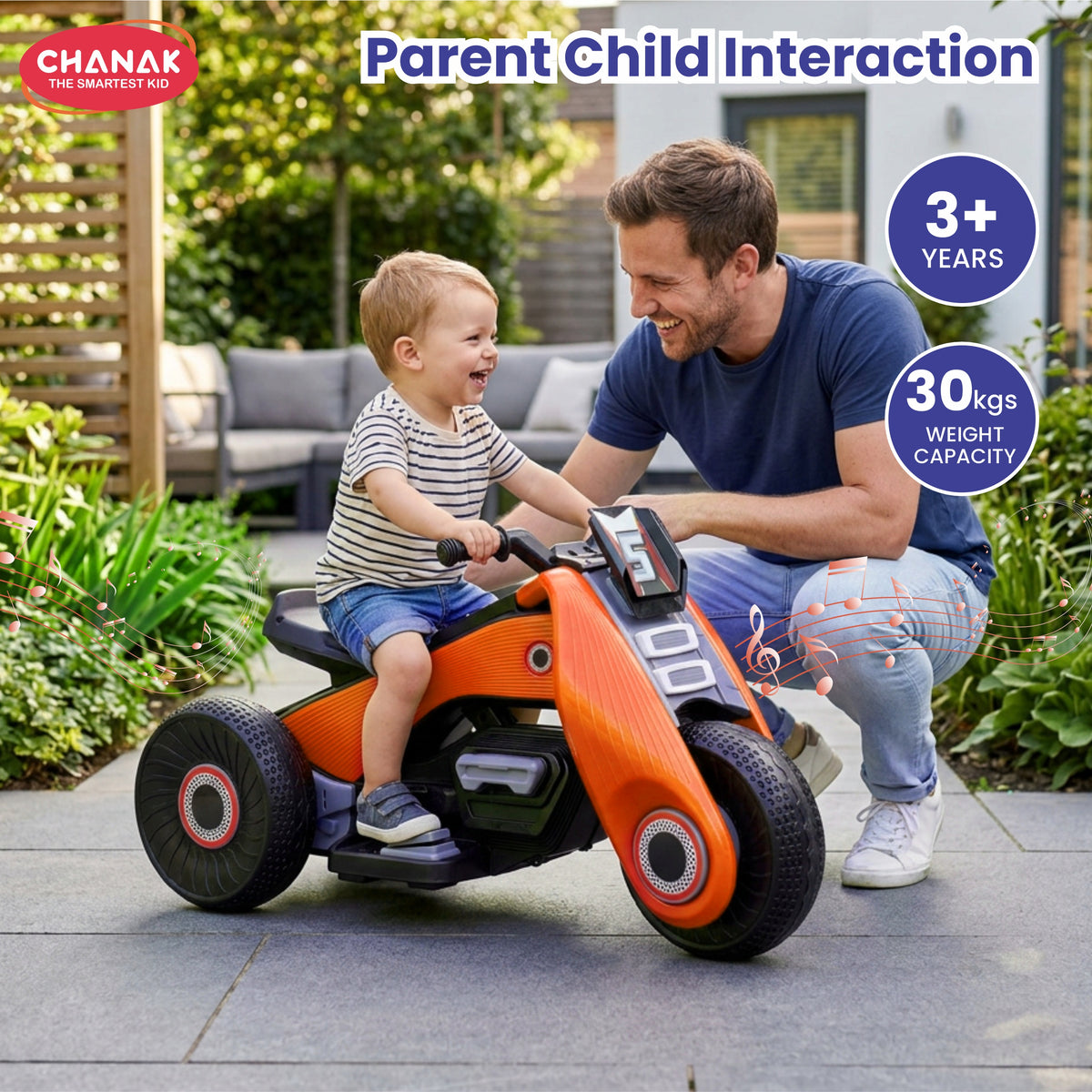 Chanak Electric Ride-On Bike for Kids 3+ Years | 6V Rechargeable 3-Wheel Scooter with Wide Tyres – BIS Approved (Orange)