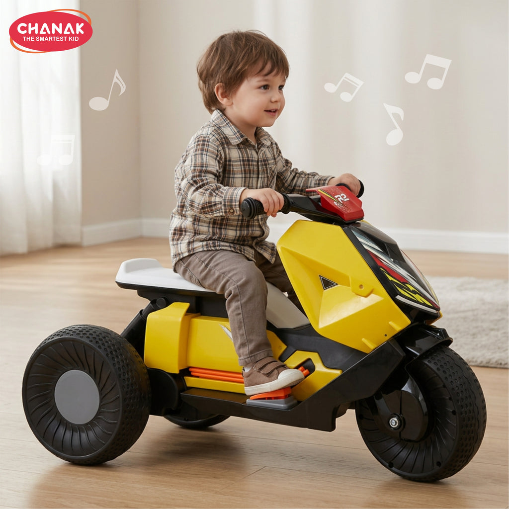 Chanak Kids Electric Scooty, 6V Rechargeable Scooter, 3 Wheel Electric Ride On Scooter, Heavy Duty Ride-On Bike for Boys & Girls with Tires & Easy Steering Handlebar, Kids Electric Scooty 3+, (Yellow)