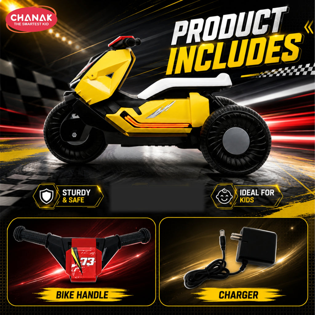 Chanak Kids Electric Scooty, 6V Rechargeable Scooter, 3 Wheel Electric Ride On Scooter, Heavy Duty Ride-On Bike for Boys & Girls with Tires & Easy Steering Handlebar, Kids Electric Scooty 3+, (Yellow)