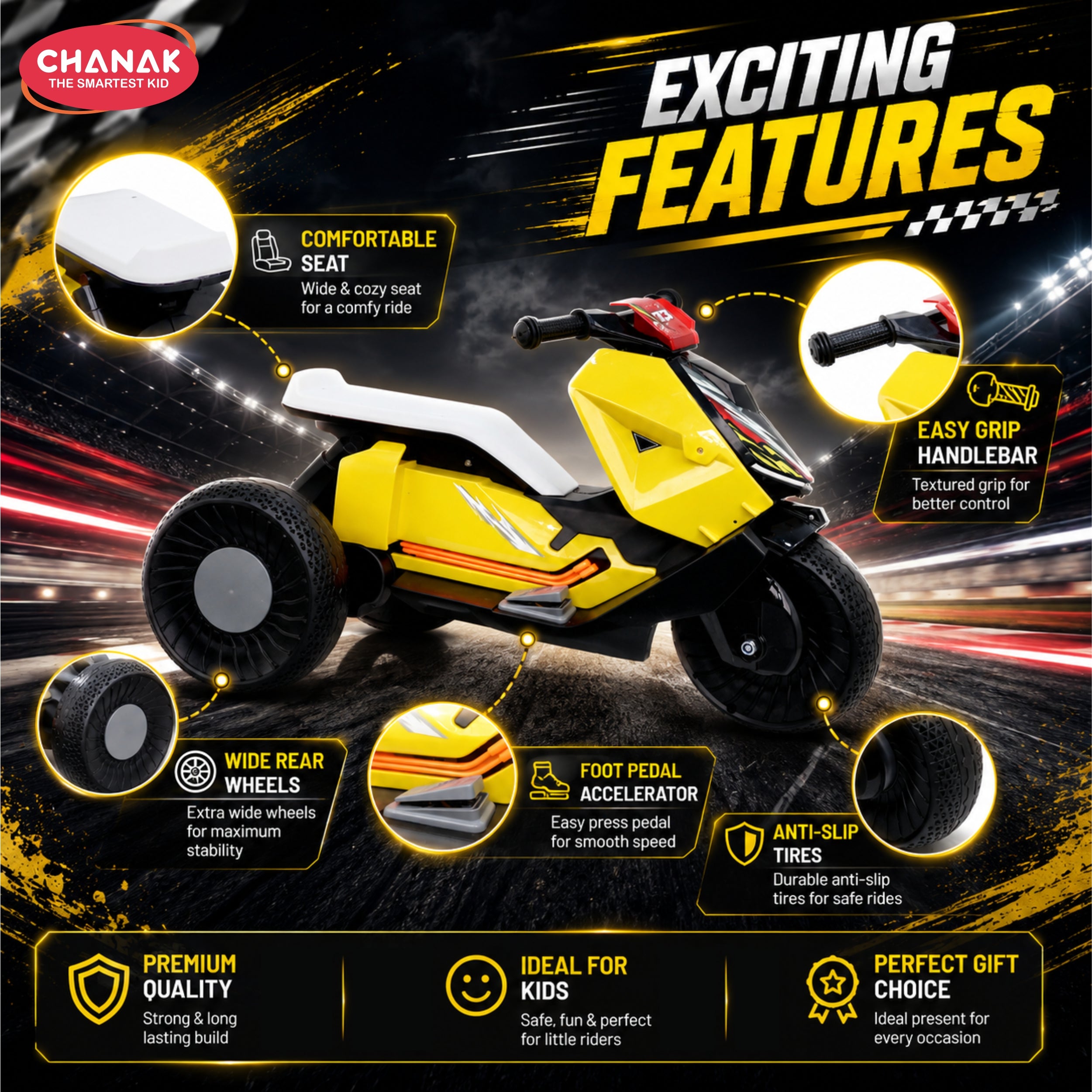 Chanak Kids Electric Scooty, 6V Rechargeable Scooter, 3 Wheel Electric Ride On Scooter, Heavy Duty Ride-On Bike for Boys & Girls with Tires & Easy Steering Handlebar, Kids Electric Scooty 3+, (Yellow)