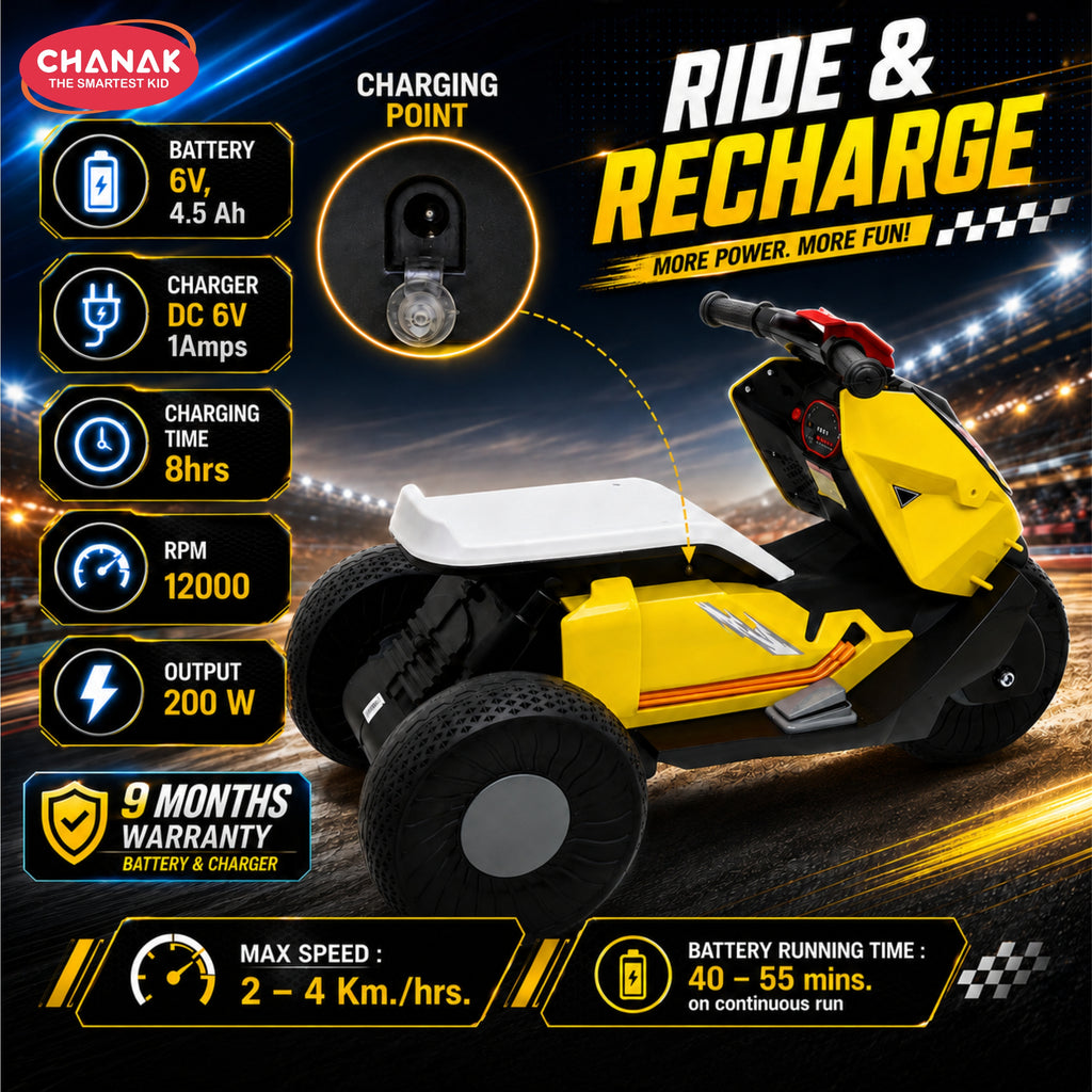 Chanak Kids Electric Scooty, 6V Rechargeable Scooter, 3 Wheel Electric Ride On Scooter, Heavy Duty Ride-On Bike for Boys & Girls with Tires & Easy Steering Handlebar, Kids Electric Scooty 3+, (Yellow)