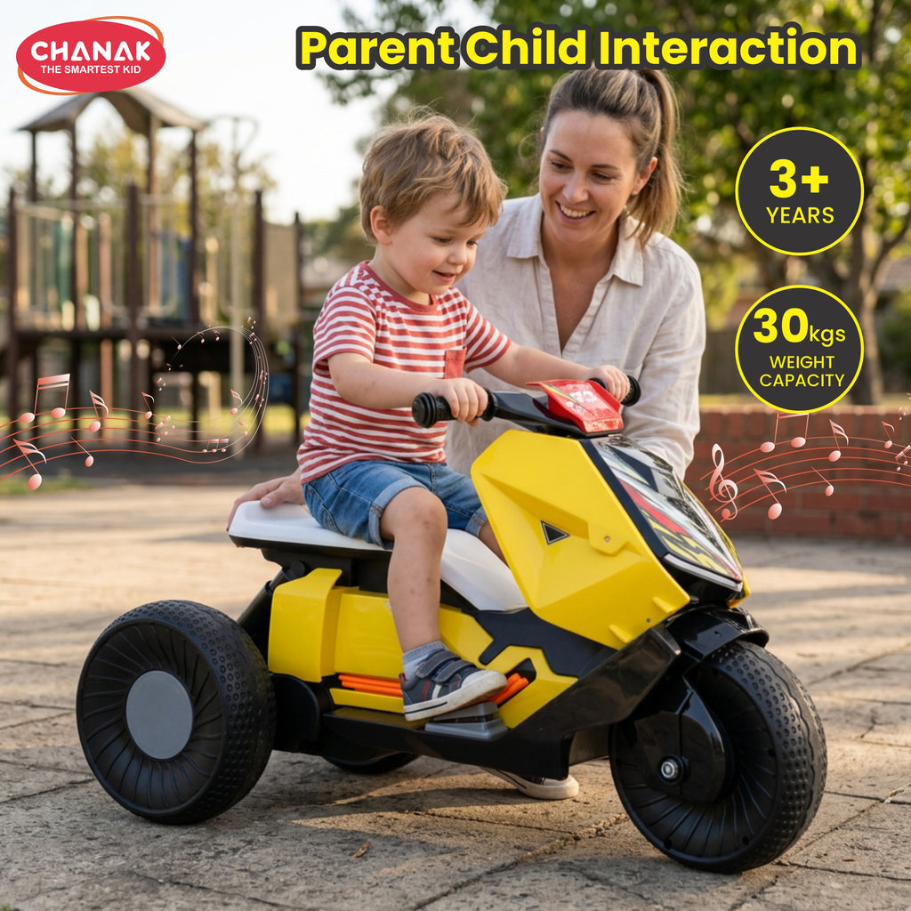 Chanak Kids Electric Scooty, 6V Rechargeable Scooter, 3 Wheel Electric Ride On Scooter, Heavy Duty Ride-On Bike for Boys & Girls with Tires & Easy Steering Handlebar, Kids Electric Scooty 3+, (Yellow)