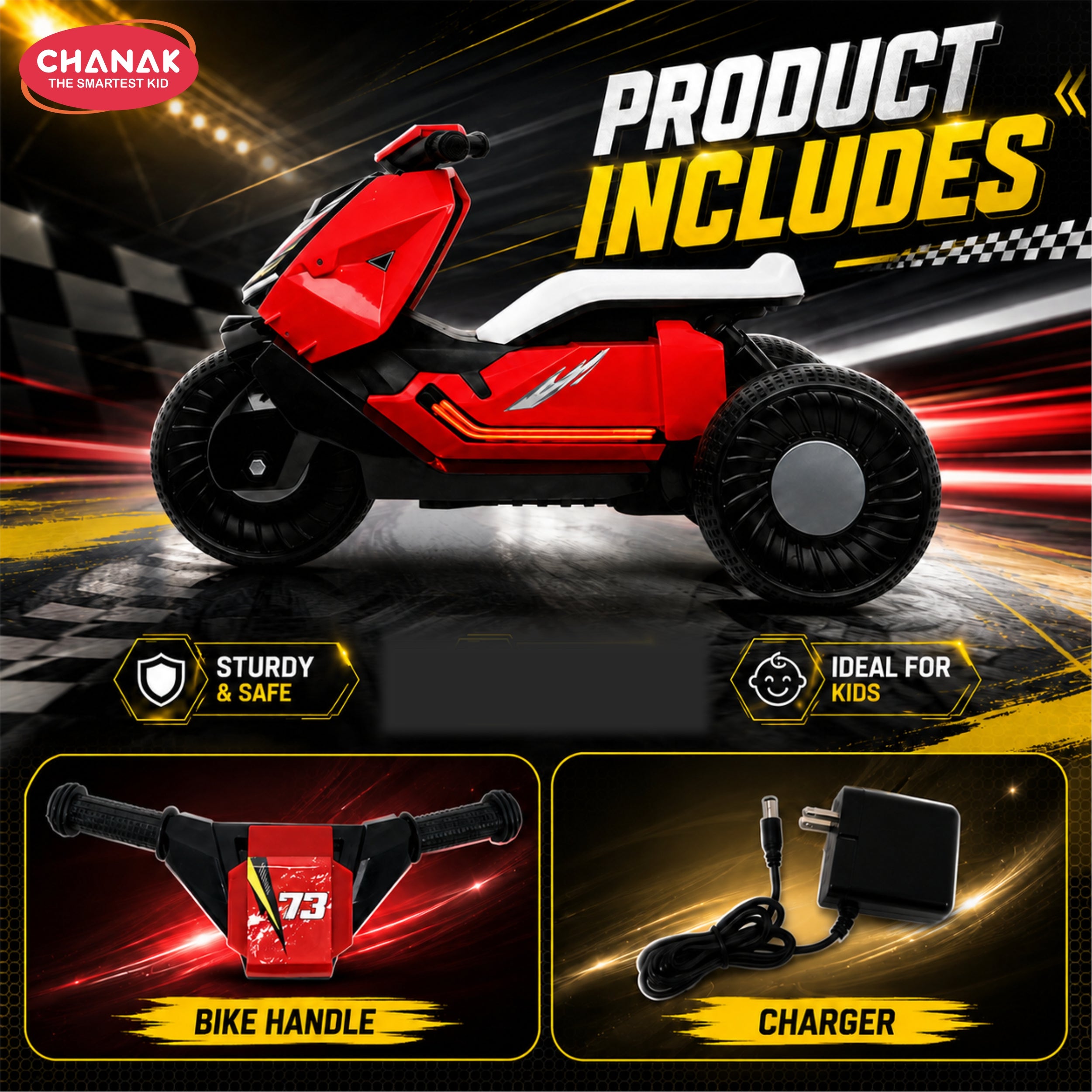 Chanak Kids Electric Scooty, 6V Rechargeable Scooter, 3 Wheel Electric Ride On Scooter, Heavy Duty Ride-On Bike for Boys & Girls with Tires & Easy Steering Handlebar, Kids Electric Scooty 3+,Red
