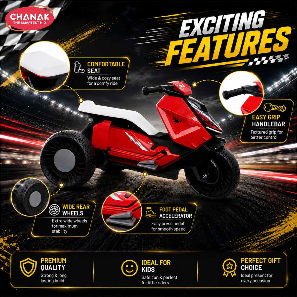 Chanak Kids Electric Scooty, 6V Rechargeable Scooter, 3 Wheel Electric Ride On Scooter, Heavy Duty Ride-On Bike for Boys & Girls with Tires & Easy Steering Handlebar, Kids Electric Scooty 3+,Red