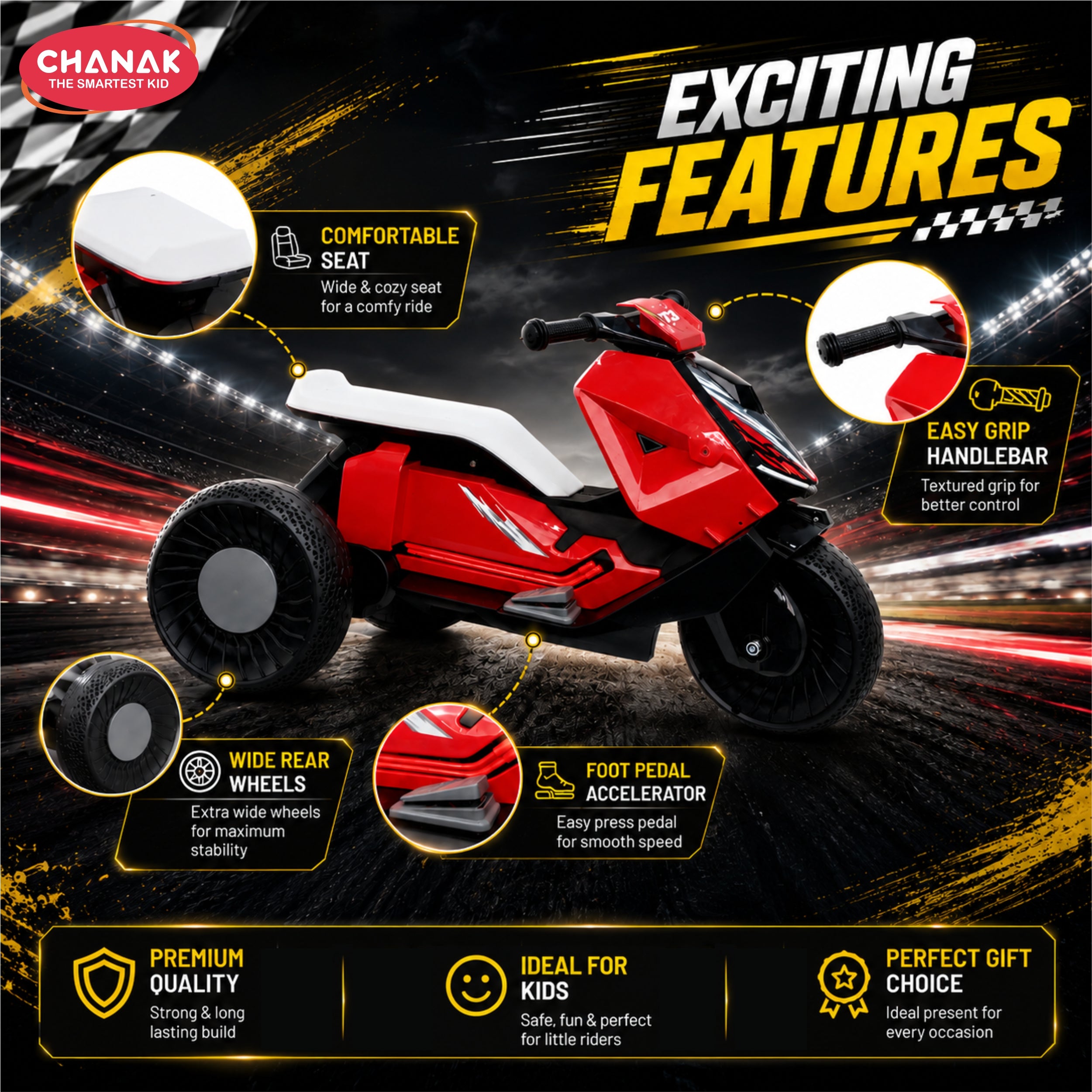 Chanak Kids Electric Scooty, 6V Rechargeable Scooter, 3 Wheel Electric Ride On Scooter, Heavy Duty Ride-On Bike for Boys & Girls with Tires & Easy Steering Handlebar, Kids Electric Scooty 3+,Red