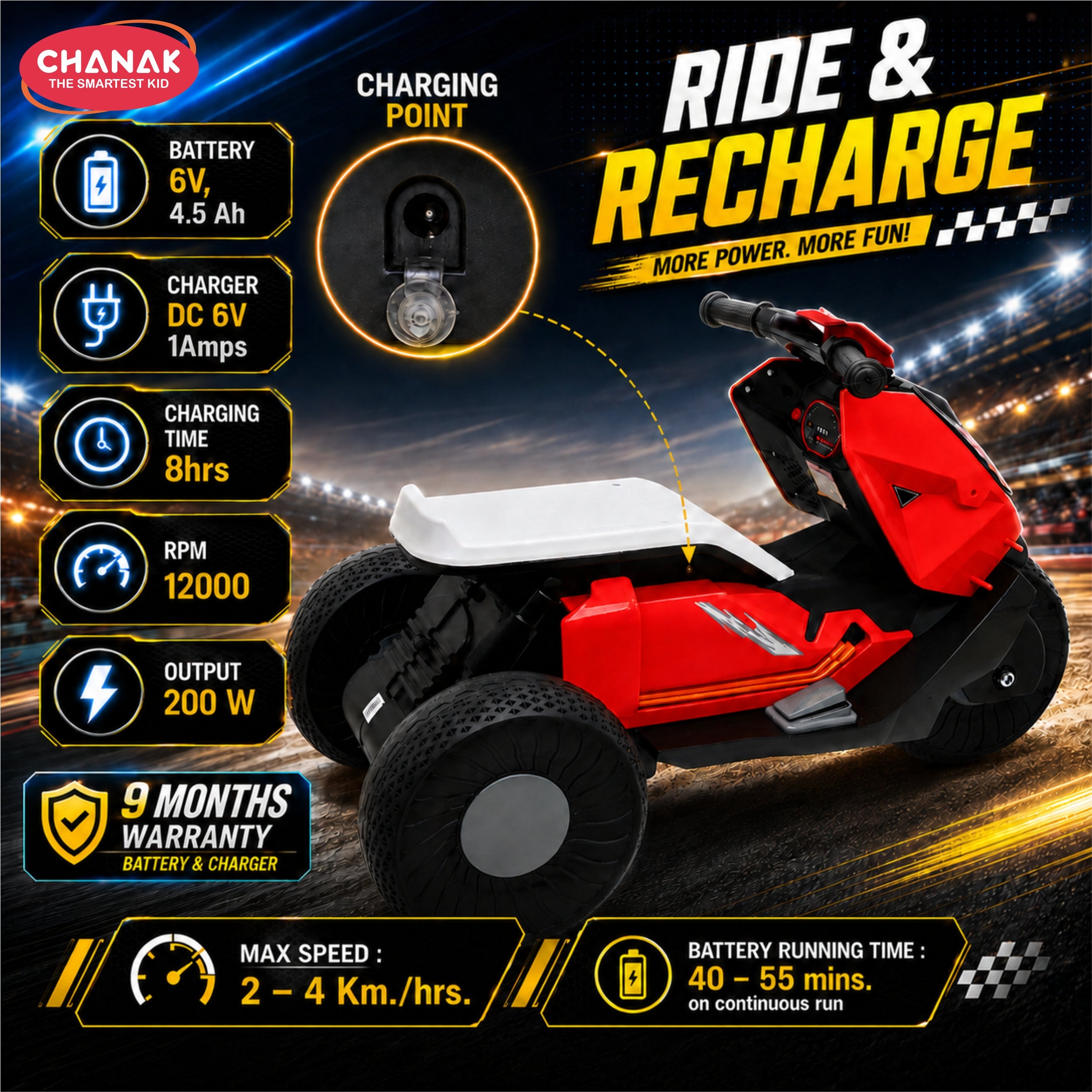 Chanak Kids Electric Scooty, 6V Rechargeable Scooter, 3 Wheel Electric Ride On Scooter, Heavy Duty Ride-On Bike for Boys & Girls with Tires & Easy Steering Handlebar, Kids Electric Scooty 3+,Red