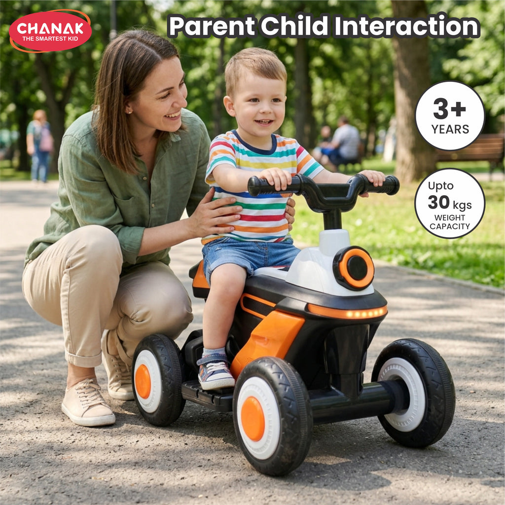 Chanak Electric ATV Quad Bike for Kids 3+ Years | 4-Wheel Ride-On with Music, LED Lights & Rechargeable Battery – BIS Approved(Black)