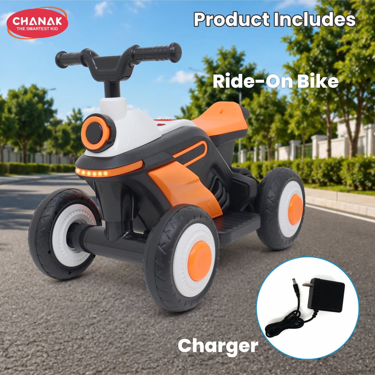 Chanak Electric ATV Quad Bike for Kids 3+ Years | 4-Wheel Ride-On with Music, LED Lights & Rechargeable Battery – BIS Approved(Black)