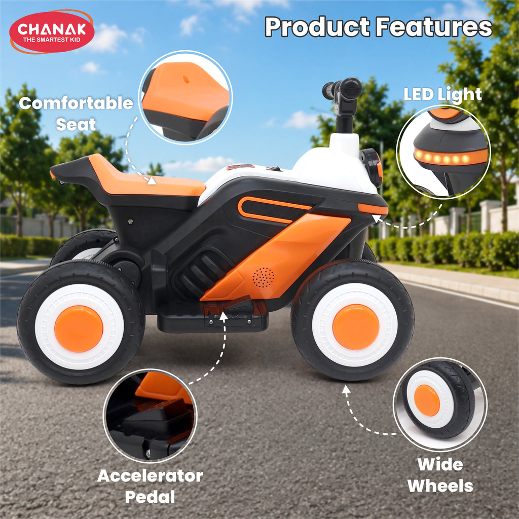 Chanak Electric ATV Quad Bike for Kids 3+ Years | 4-Wheel Ride-On with Music, LED Lights & Rechargeable Battery – BIS Approved(Black)