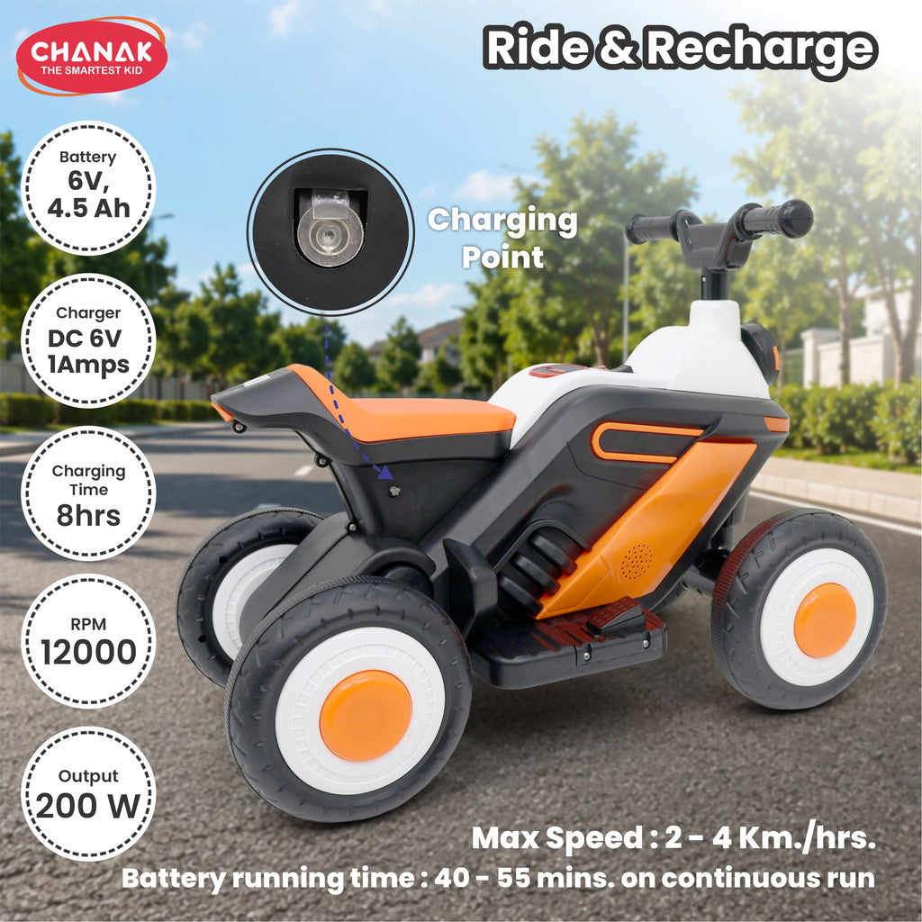 Chanak Electric ATV Quad Bike for Kids 3+ Years | 4-Wheel Ride-On with Music, LED Lights & Rechargeable Battery – BIS Approved(Black)