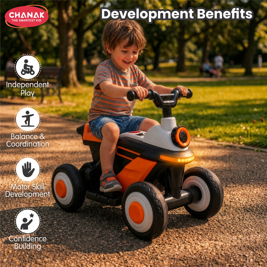 Chanak Electric ATV Quad Bike for Kids 3+ Years | 4-Wheel Ride-On with Music, LED Lights & Rechargeable Battery – BIS Approved(Black)