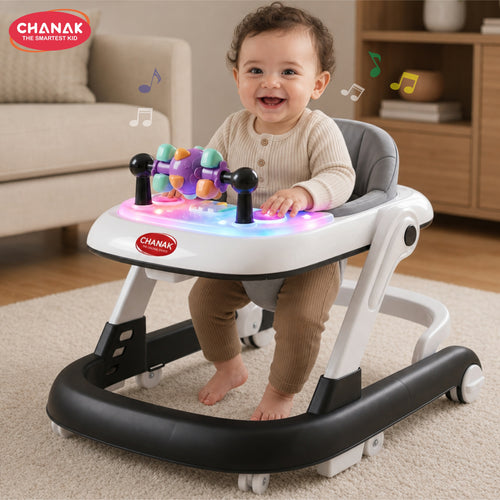 Chanak Baby Walker for 6-18 Months | Adjustable Height Foldable Push Walker with Music & Detachable Activity Tray – BIS Approved (Gray)