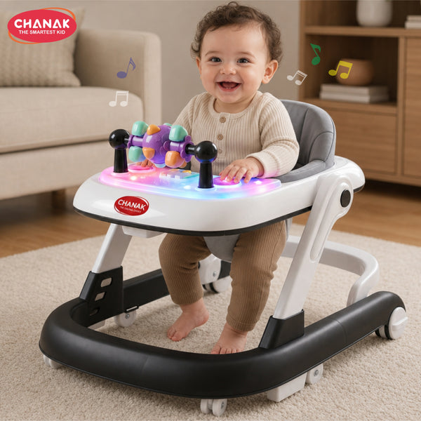 Chanak Baby Walker for 6-18 Months | Adjustable Height Foldable Push Walker with Music & Detachable Activity Tray – BIS Approved (Gray)
