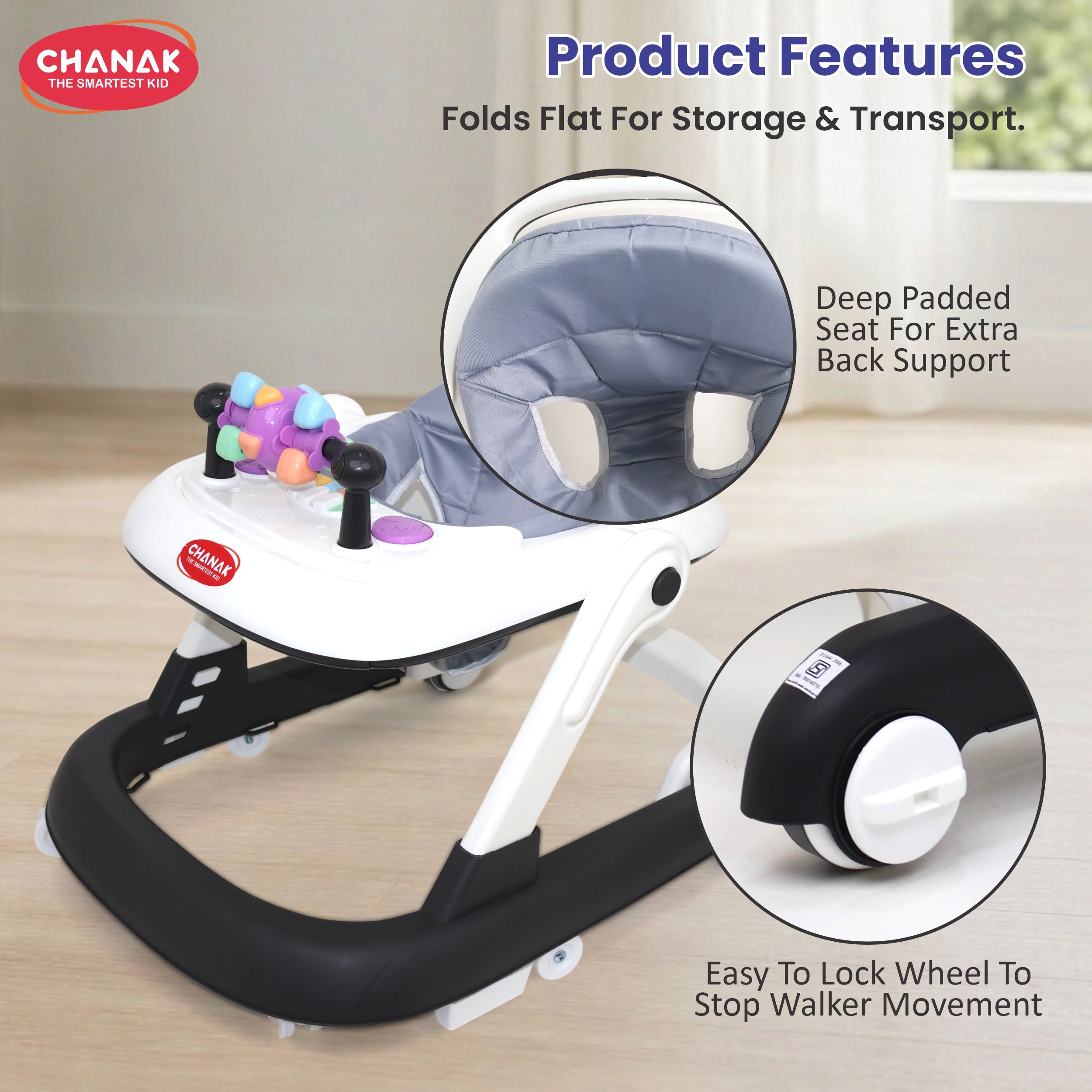 Chanak Baby Walker, Adjustable Height Push Walker for Babies 6-18 Months, Walker for Kids with Music for Baby Boys & Girls Foldable Learning Walker with Detachable Activity Tray & Food Tray(Gray)