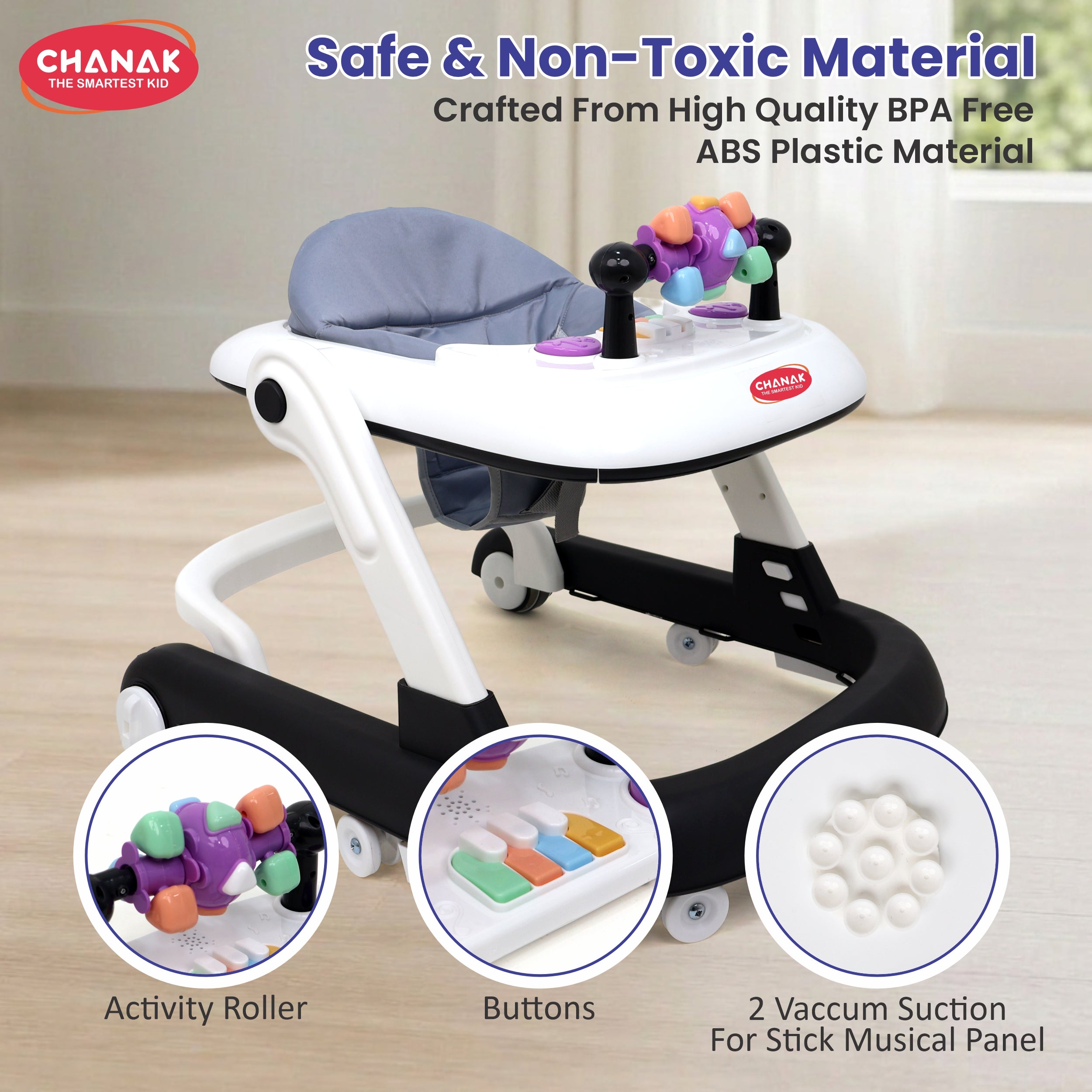 Chanak Baby Walker, Adjustable Height Push Walker for Babies 6-18 Months, Walker for Kids with Music for Baby Boys & Girls Foldable Learning Walker with Detachable Activity Tray & Food Tray(Gray)