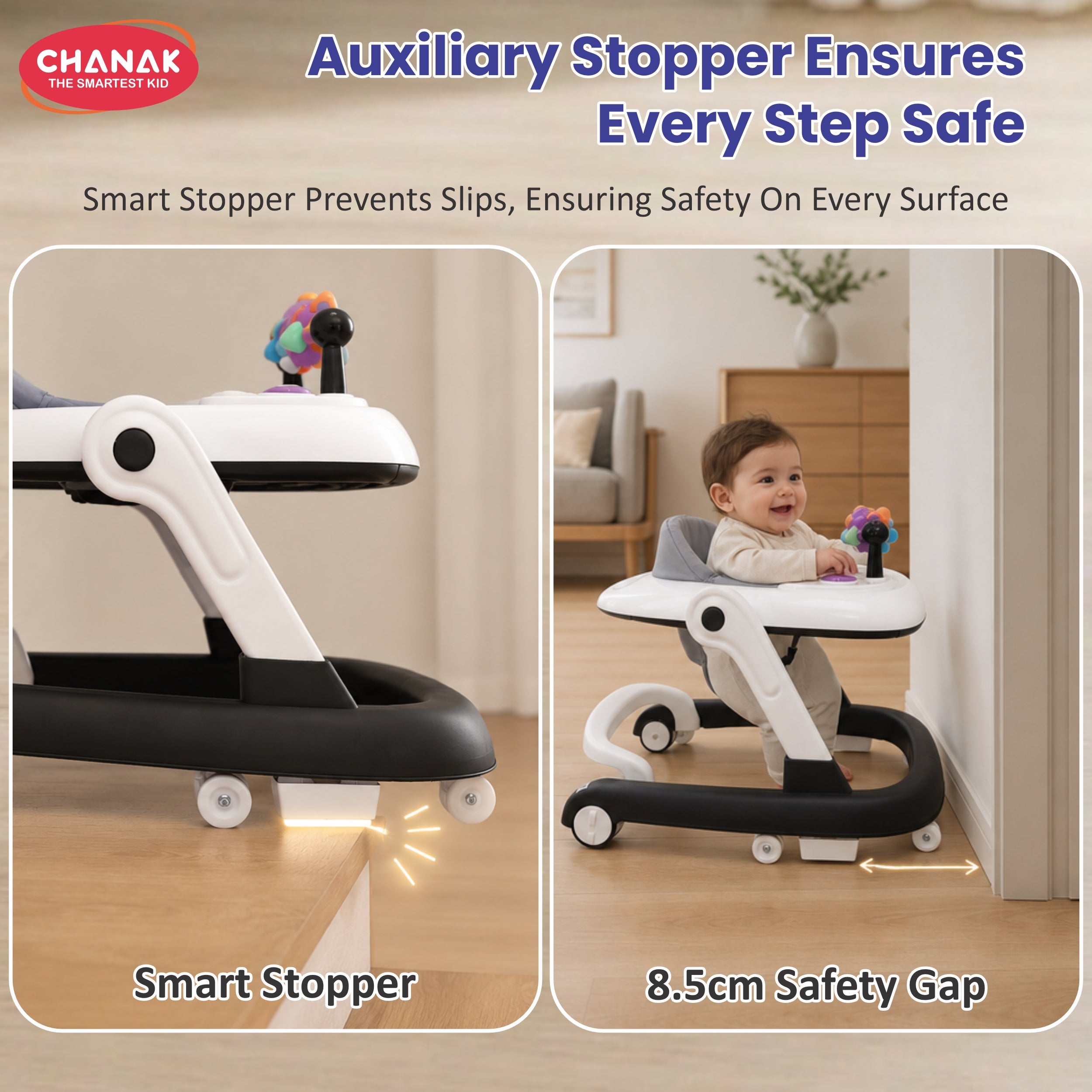 Chanak Baby Walker, Adjustable Height Push Walker for Babies 6-18 Months, Walker for Kids with Music for Baby Boys & Girls Foldable Learning Walker with Detachable Activity Tray & Food Tray(Gray)