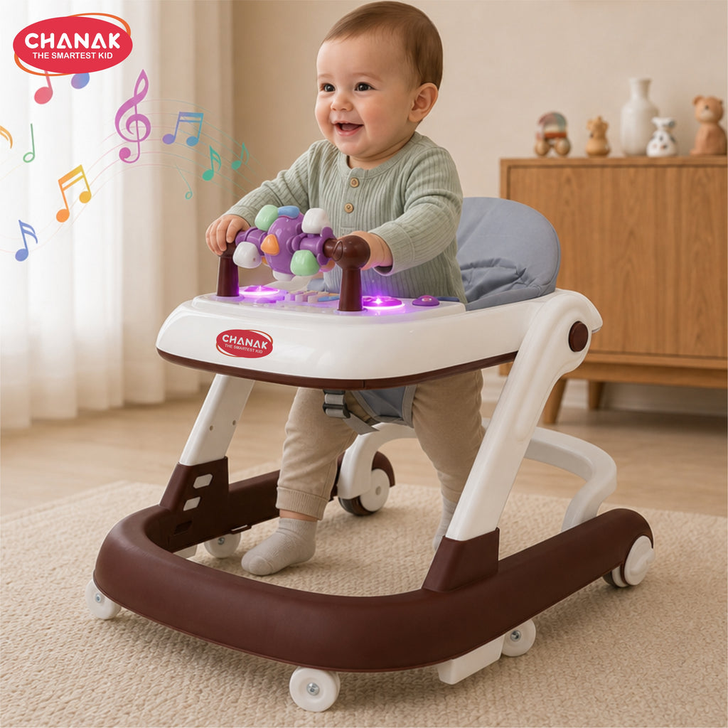 Chanak Baby Walker for 6-18 Months | Adjustable Height Foldable Push Walker with Music & Detachable Activity Tray – BIS Approved (Brown)
