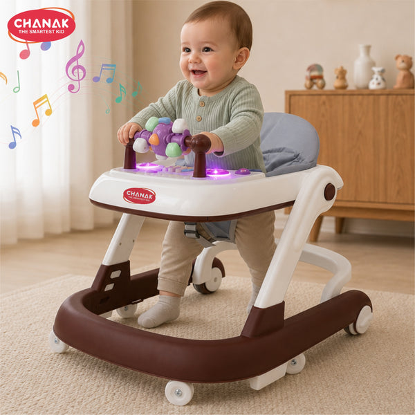 Chanak Baby Walker for 6-18 Months | Adjustable Height Foldable Push Walker with Music & Detachable Activity Tray – BIS Approved (Brown)