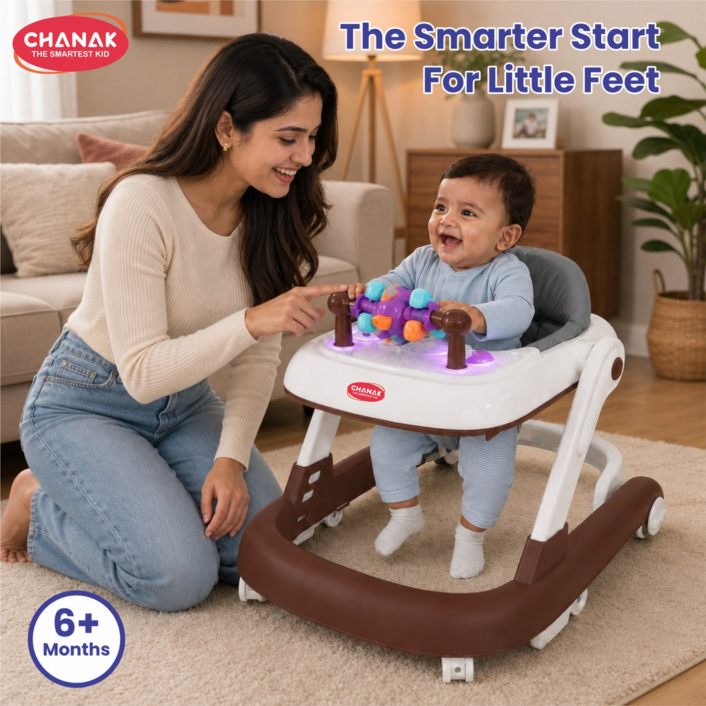 Chanak Baby Walker for 6-18 Months | Adjustable Height Foldable Push Walker with Music & Detachable Activity Tray – BIS Approved (Brown)