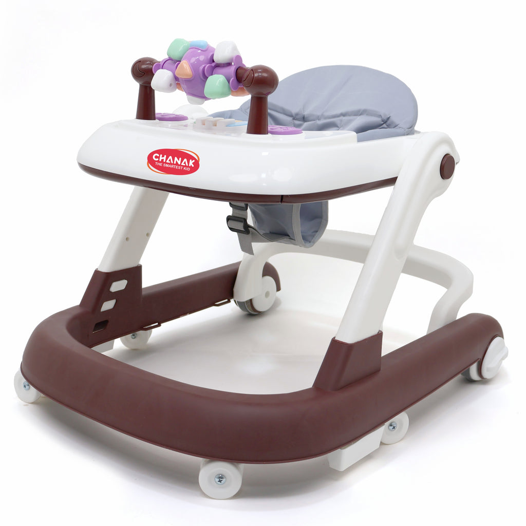 Chanak Baby Walker for 6-18 Months | Adjustable Height Foldable Push Walker with Music & Detachable Activity Tray – BIS Approved (Brown)