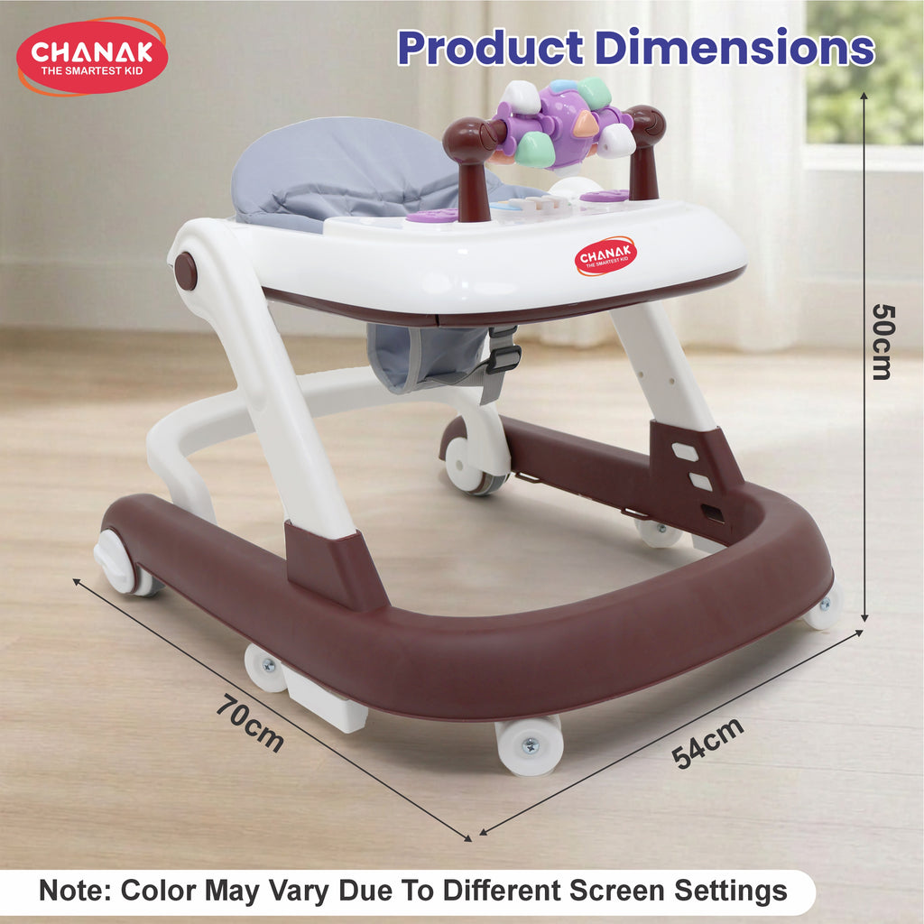 Chanak Baby Walker for 6-18 Months | Adjustable Height Foldable Push Walker with Music & Detachable Activity Tray – BIS Approved (Brown)