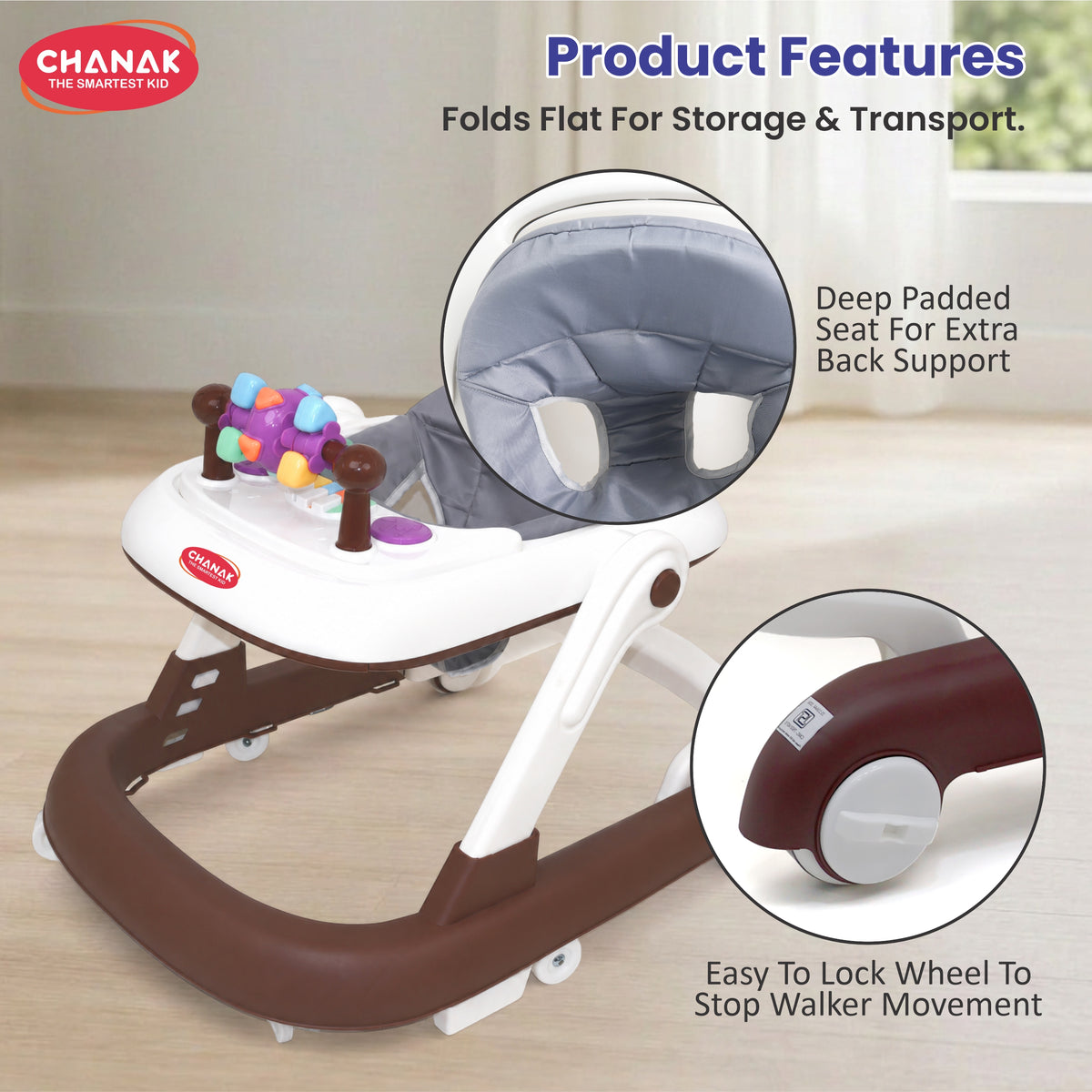 Chanak Baby Walker for 6-18 Months | Adjustable Height Foldable Push Walker with Music & Detachable Activity Tray – BIS Approved (Brown)