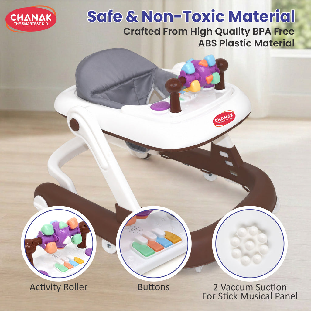 Chanak Baby Walker for 6-18 Months | Adjustable Height Foldable Push Walker with Music & Detachable Activity Tray – BIS Approved (Brown)