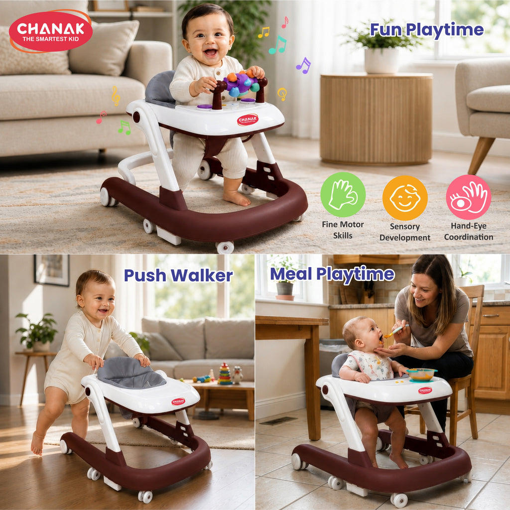 Chanak Baby Walker for 6-18 Months | Adjustable Height Foldable Push Walker with Music & Detachable Activity Tray – BIS Approved (Brown)