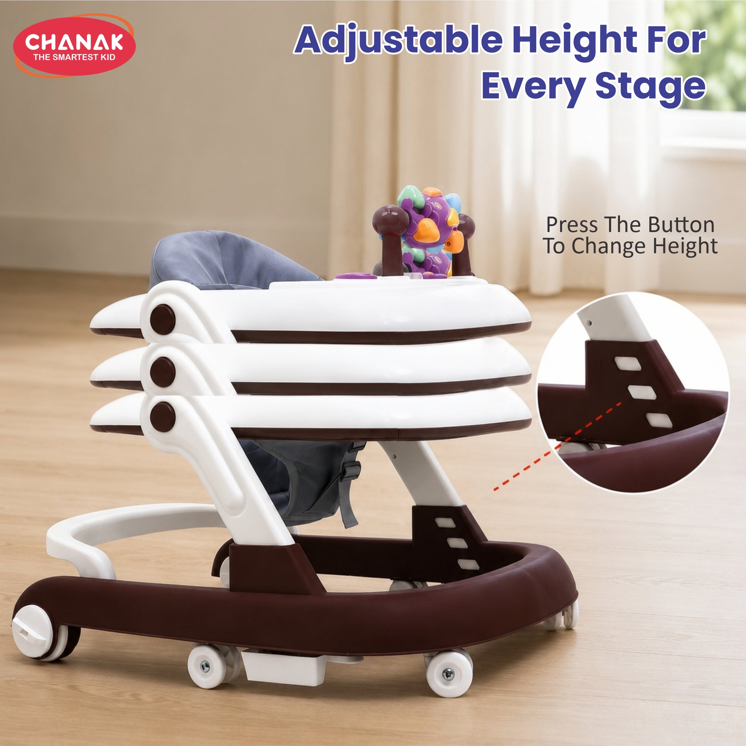 Chanak Baby Walker for 6-18 Months | Adjustable Height Foldable Push Walker with Music & Detachable Activity Tray – BIS Approved (Brown)