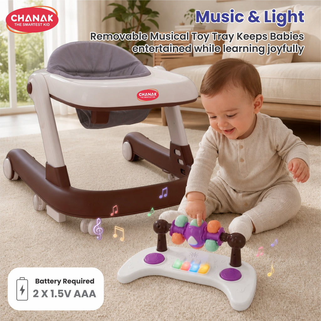 Chanak Baby Walker for 6-18 Months | Adjustable Height Foldable Push Walker with Music & Detachable Activity Tray – BIS Approved (Brown)