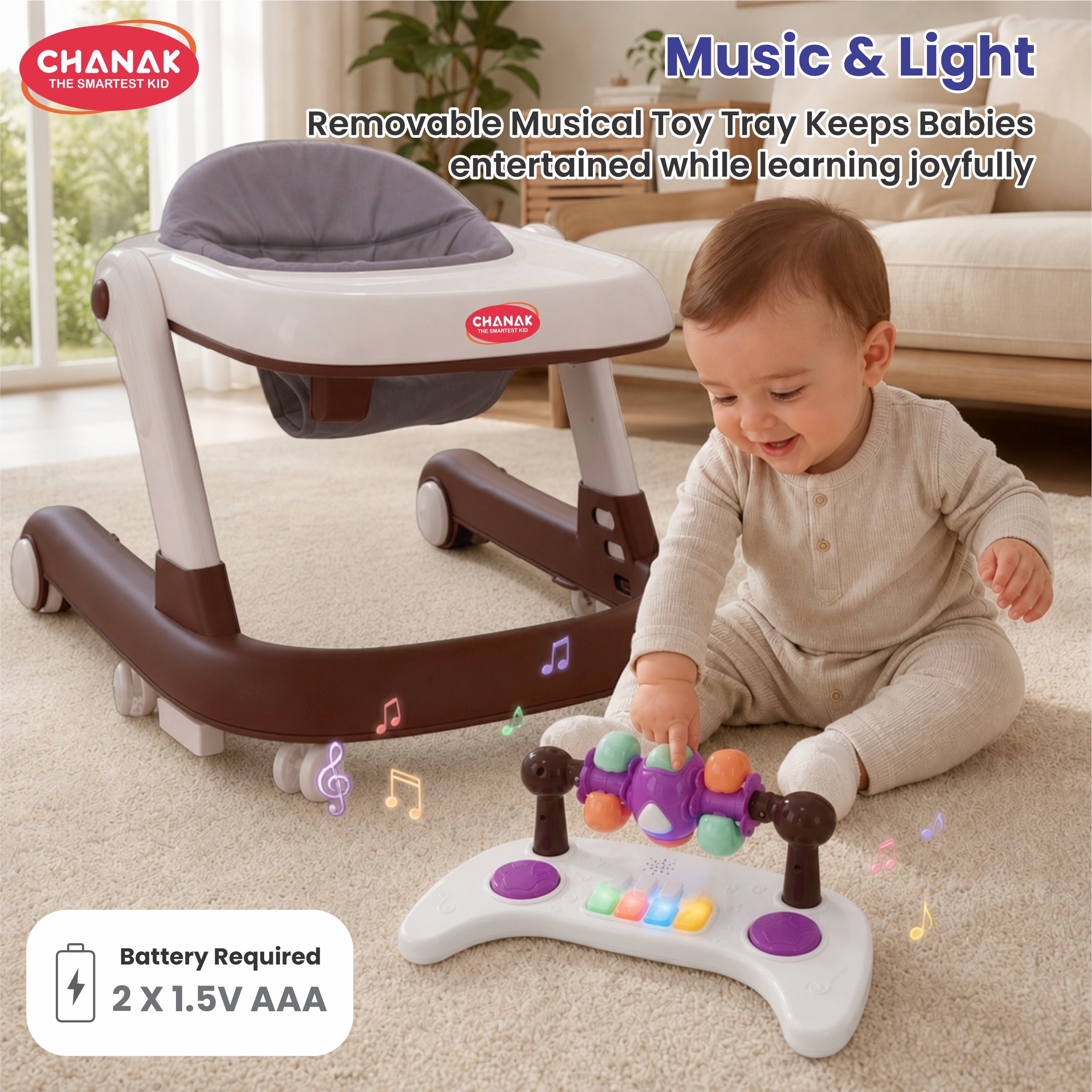 Chanak Baby Walker for 6-18 Months | Adjustable Height Foldable Push Walker with Music & Detachable Activity Tray – BIS Approved (Brown)