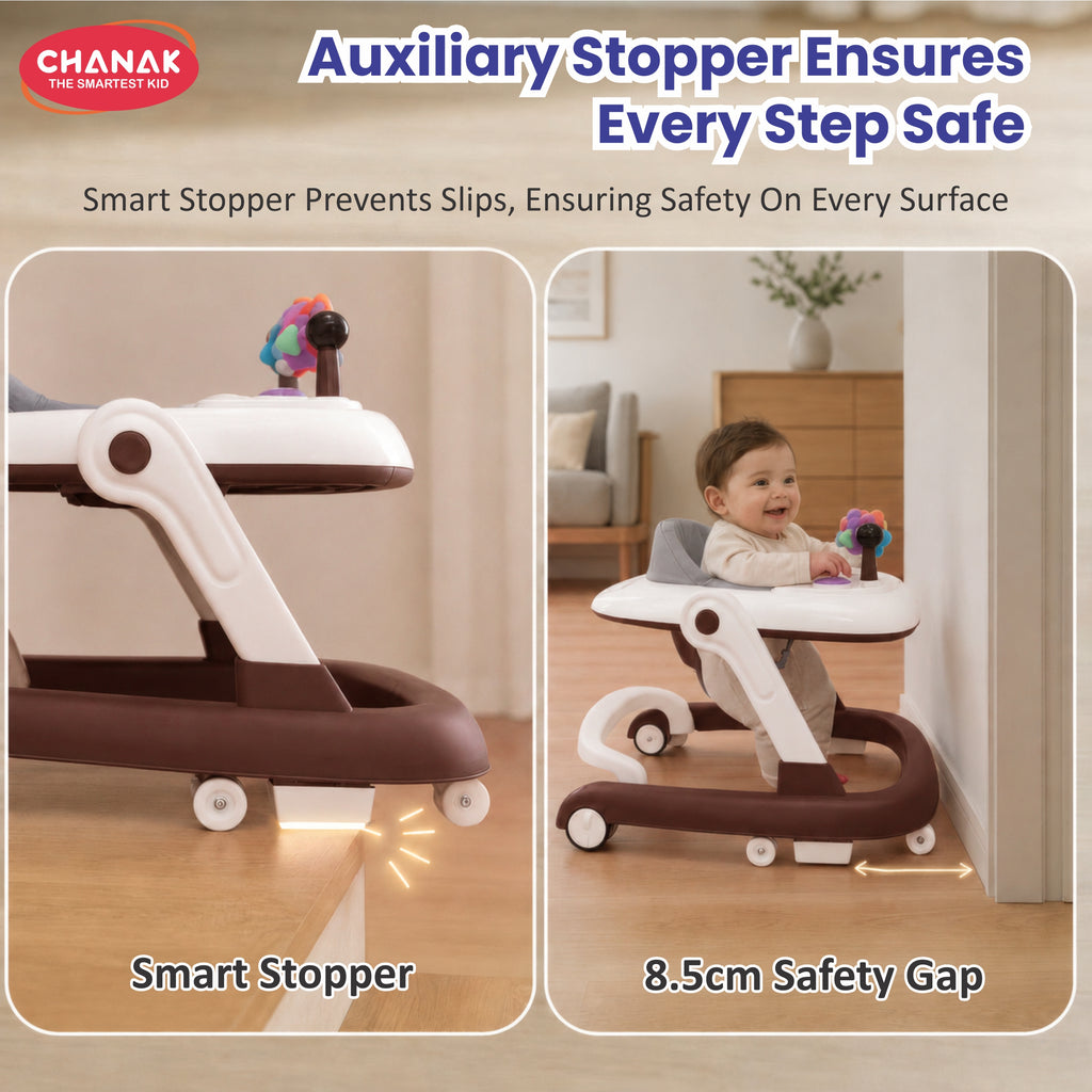 Chanak Baby Walker for 6-18 Months | Adjustable Height Foldable Push Walker with Music & Detachable Activity Tray – BIS Approved (Brown)