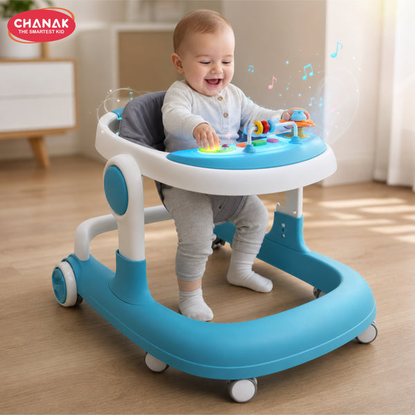 Chanak Baby Walker for 6-18 Months | Adjustable Height Foldable Push Walker with Music & Detachable Food Tray – BIS Approved (Blue)