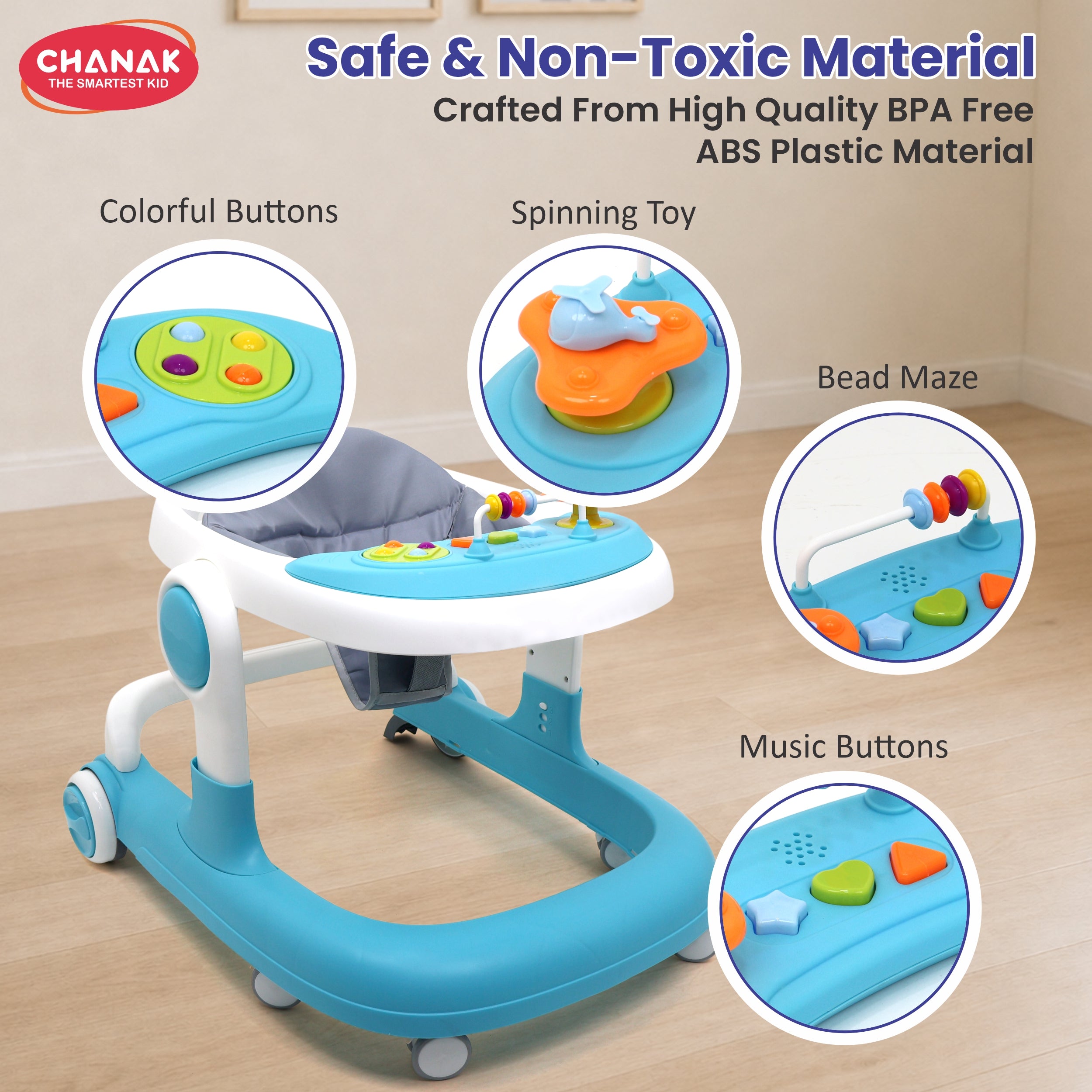 Chanak Baby Walker, Adjustable Height Push Walker for Babies 6-18 Months, Walker for Kids with Music for Baby Boys & Girls Foldable Learning Walker with Detachable Food Tray