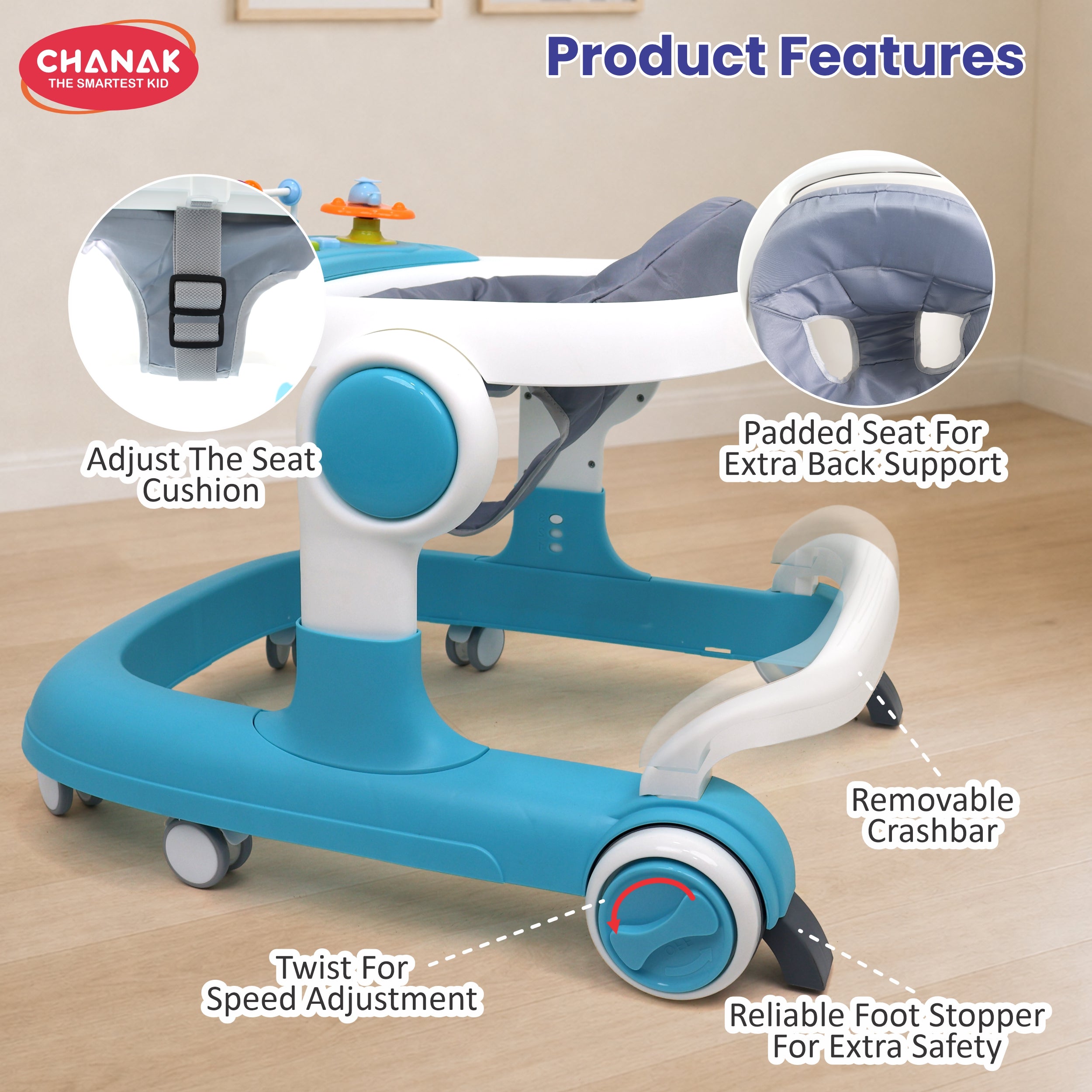 Chanak Baby Walker, Adjustable Height Push Walker for Babies 6-18 Months, Walker for Kids with Music for Baby Boys & Girls Foldable Learning Walker with Detachable Food Tray