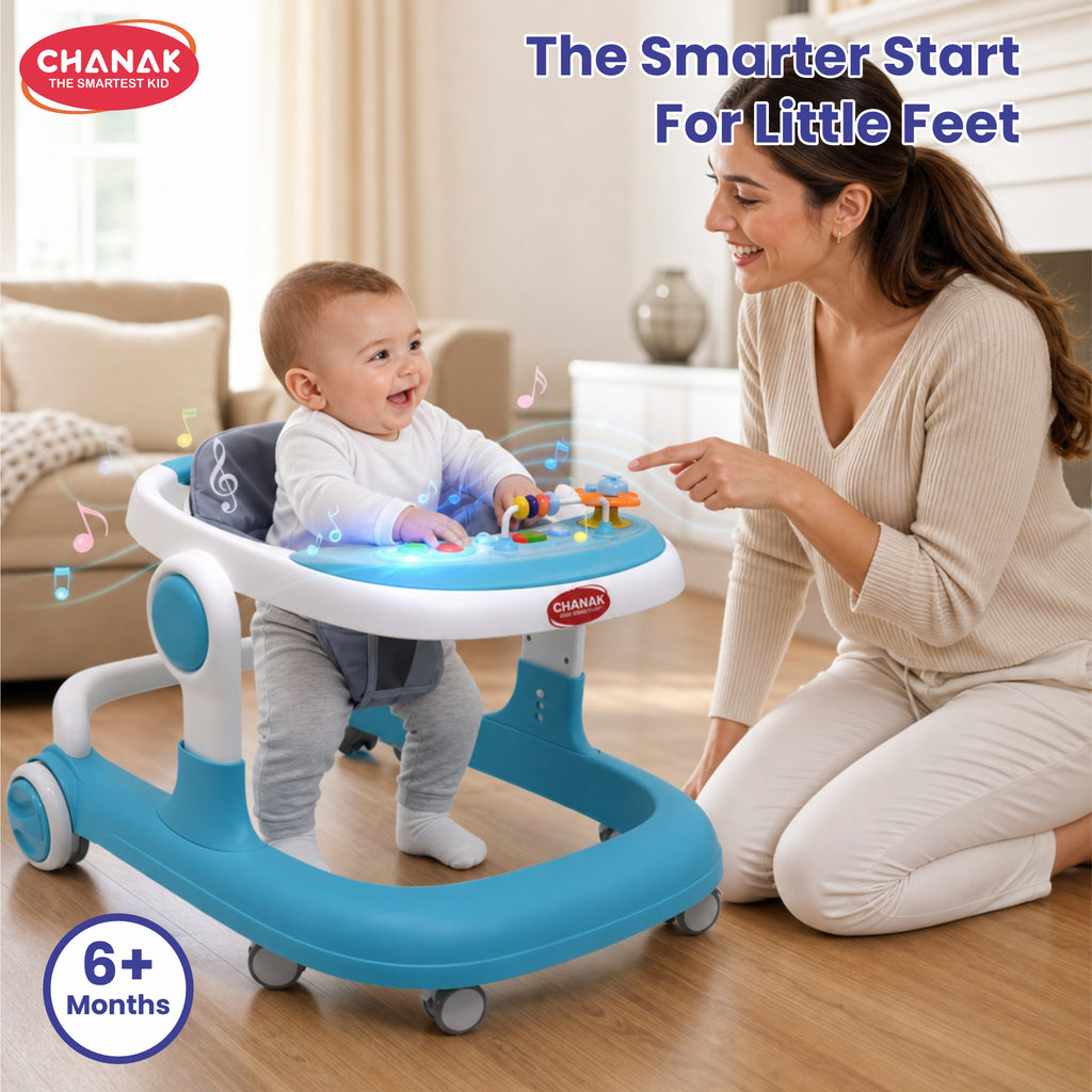 Chanak Baby Walker, Adjustable Height Push Walker for Babies 6-18 Months, Walker for Kids with Music for Baby Boys & Girls Foldable Learning Walker with Detachable Food Tray