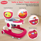 Chanak Baby Walker for 6-18 Months | Adjustable Height Foldable Push Walker with Music & Detachable Food Tray – BIS Approved (Pink)