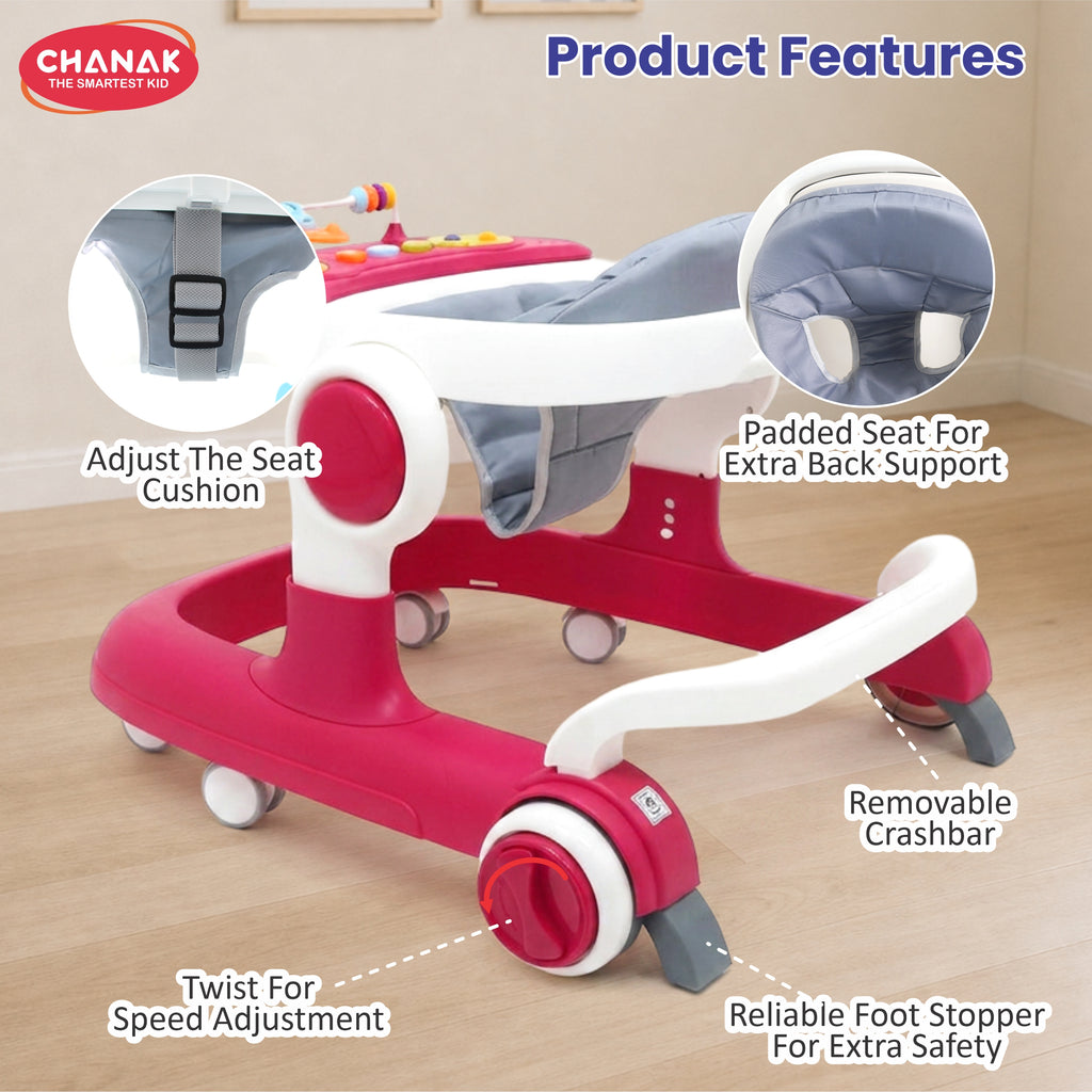 Chanak Baby Walker for 6-18 Months | Adjustable Height Foldable Push Walker with Music & Detachable Food Tray – BIS Approved (Pink)