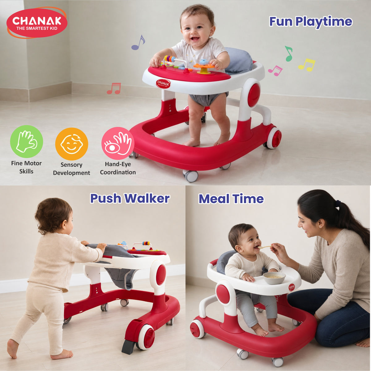 Chanak Baby Walker for 6-18 Months | Adjustable Height Foldable Push Walker with Music & Detachable Food Tray – BIS Approved (Pink)