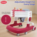 Chanak Baby Walker for 6-18 Months | Adjustable Height Foldable Push Walker with Music & Detachable Food Tray – BIS Approved (Pink)