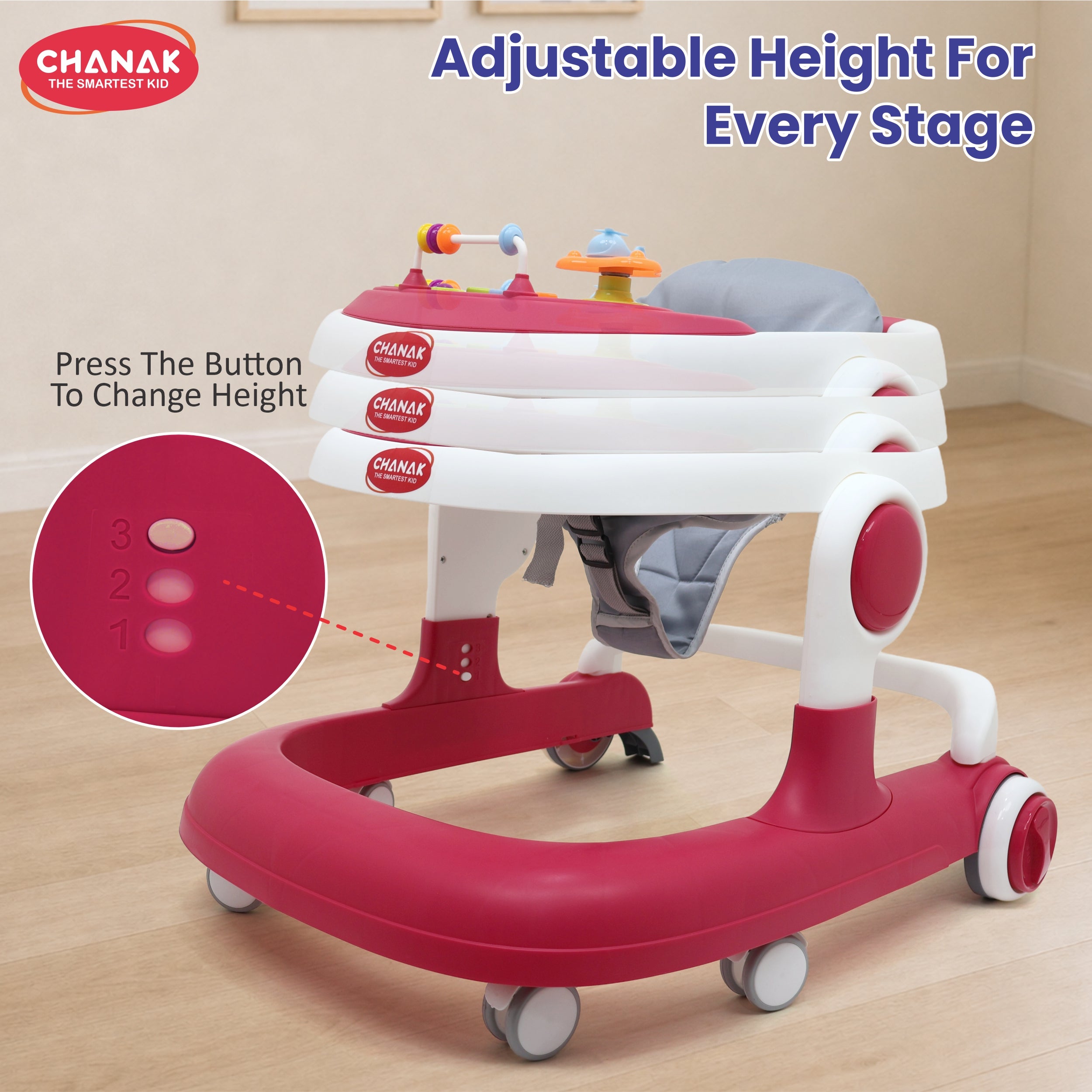 Chanak Baby Walker for 6-18 Months | Adjustable Height Foldable Push Walker with Music & Detachable Food Tray – BIS Approved (Pink)