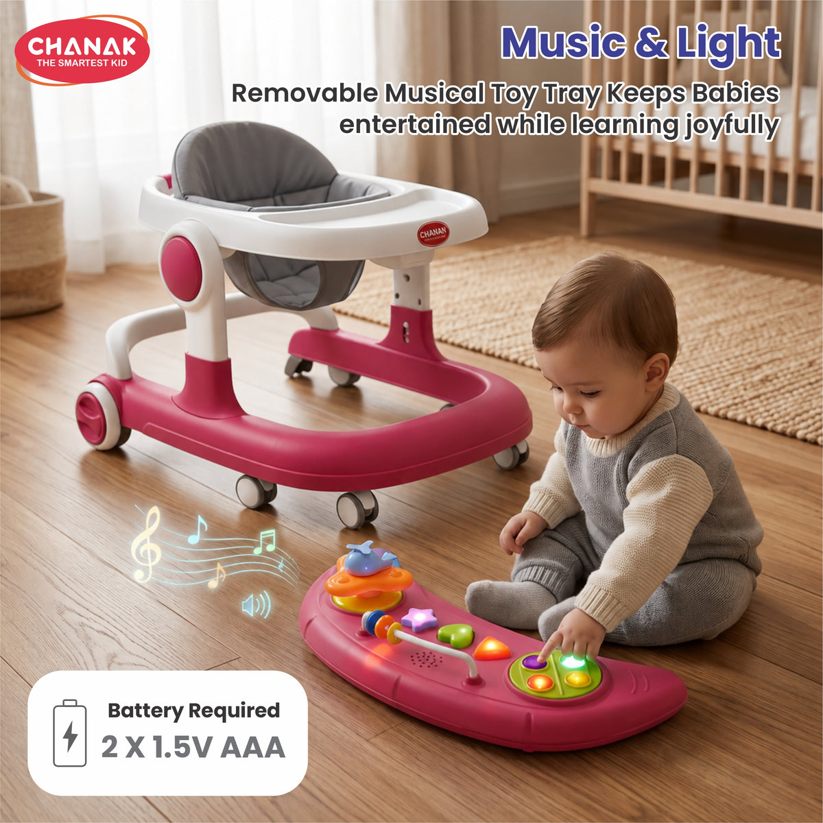 Chanak Baby Walker for 6-18 Months | Adjustable Height Foldable Push Walker with Music & Detachable Food Tray – BIS Approved (Pink)