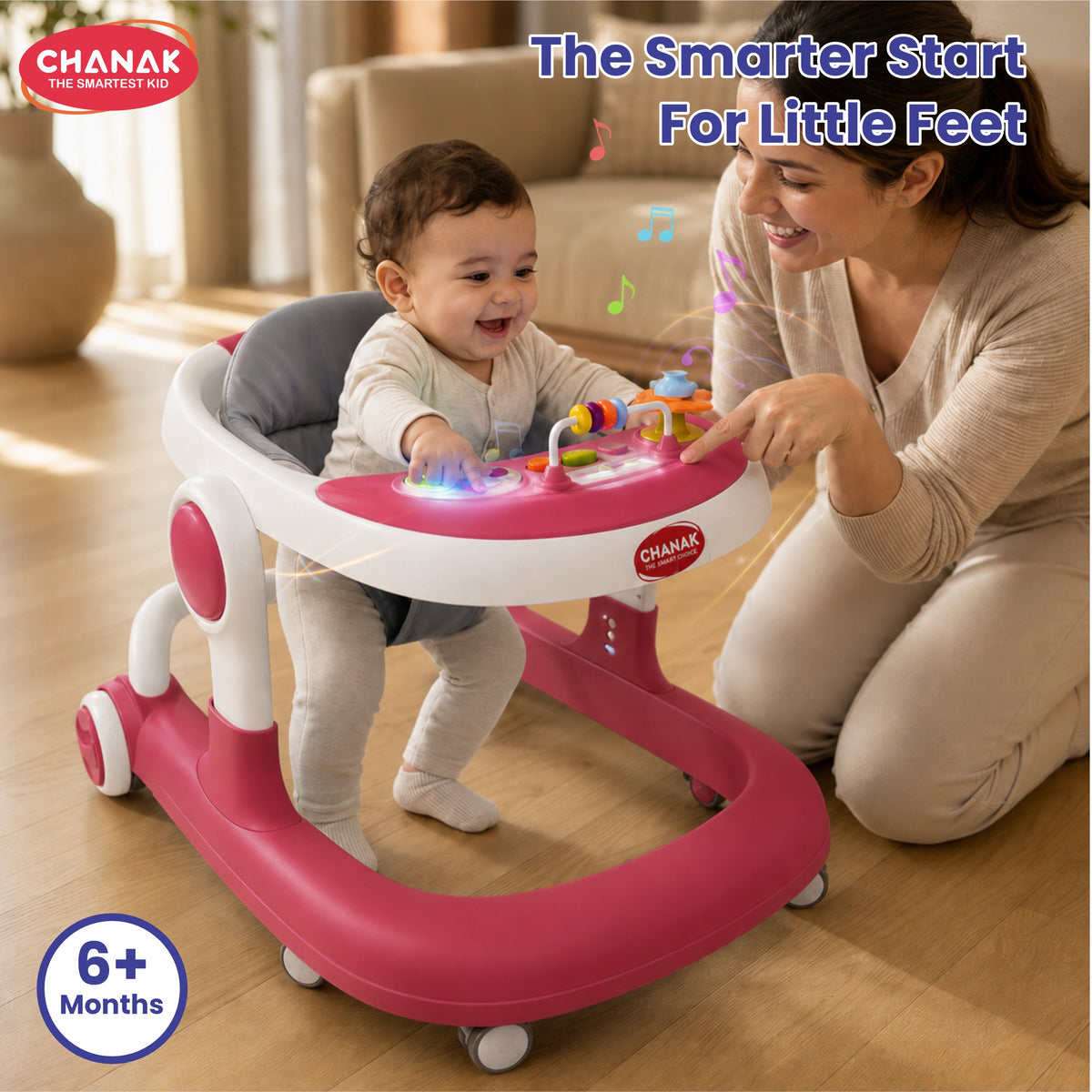 Chanak Baby Walker for 6-18 Months | Adjustable Height Foldable Push Walker with Music & Detachable Food Tray – BIS Approved (Pink)